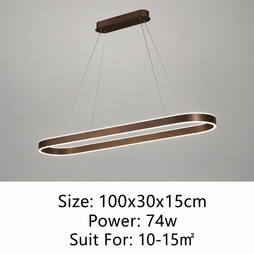 A modern linear LED pendant light with a dark bronze finish and integrated warm white lighting, suspended from a rectangular ceiling mount against a light gray wall. Text at the bottom reads: Size: 100x30x15cm, Power: 74w, Suit For: 10-15m².