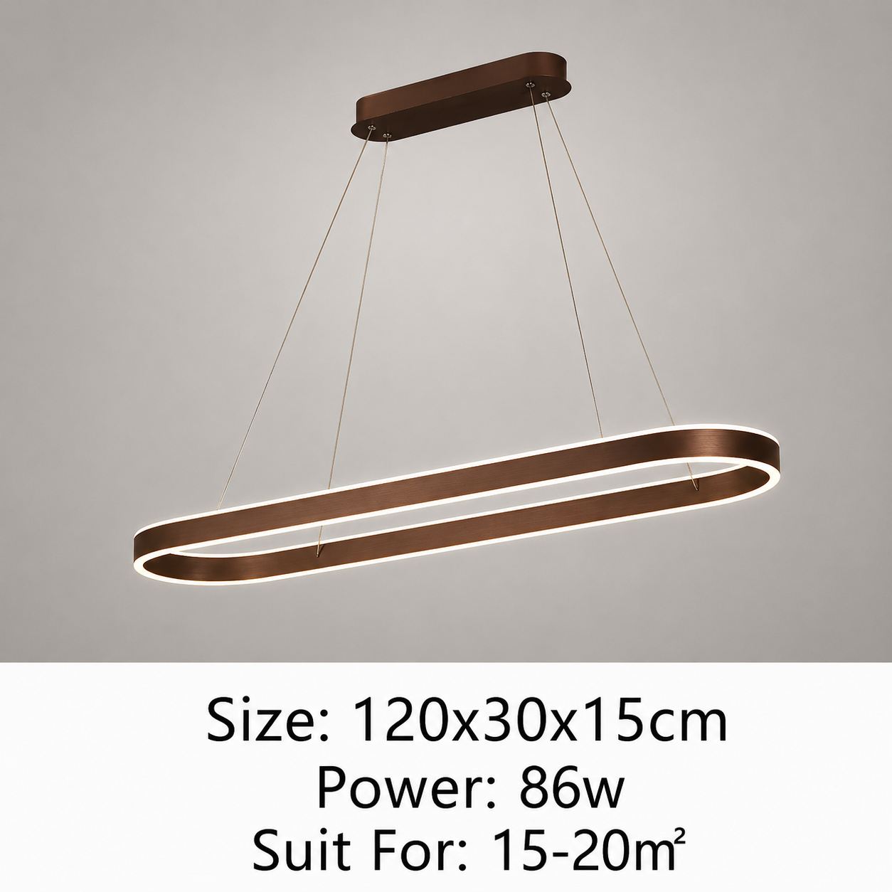 A modern linear LED pendant light with a bronze/copper-colored frame and a white light strip, suspended from a matching rectangular ceiling canopy. The image includes text at the bottom specifying size (120x30x15cm), power (86w), and suitability (15-20m²).