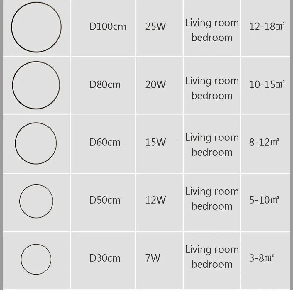 Luminous Halo V1 size guide showing available diameters 30cm 50cm 60cm 80cm 100cm with wattage and room size recommendations – circular LED wall light by Luxe Bespoke