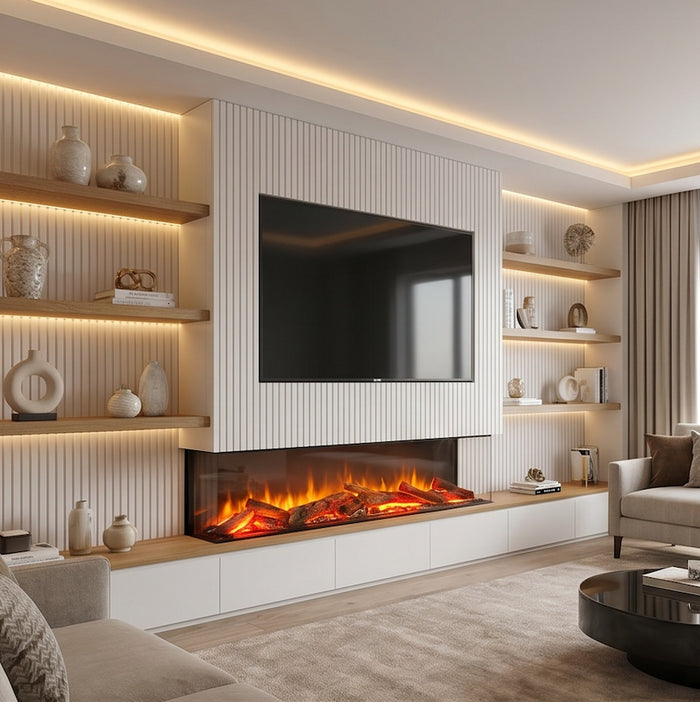 The Enya Flame Deep Format 3D Electric Fire in a panelled media wall under a TV