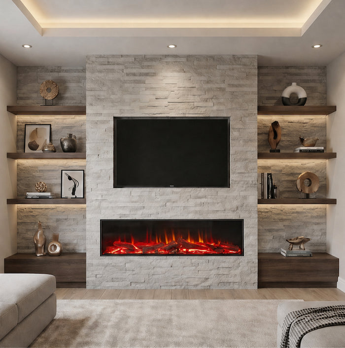 The Enya Flame Slimline Format 3D Electric Fire in a stone media wall