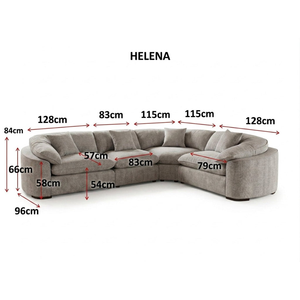 Helena large corner sofa dimensions: 84 cm high, 96 cm deep, 54 cm seat height, sections 128, 83, 115, 115 and 128 cm wide