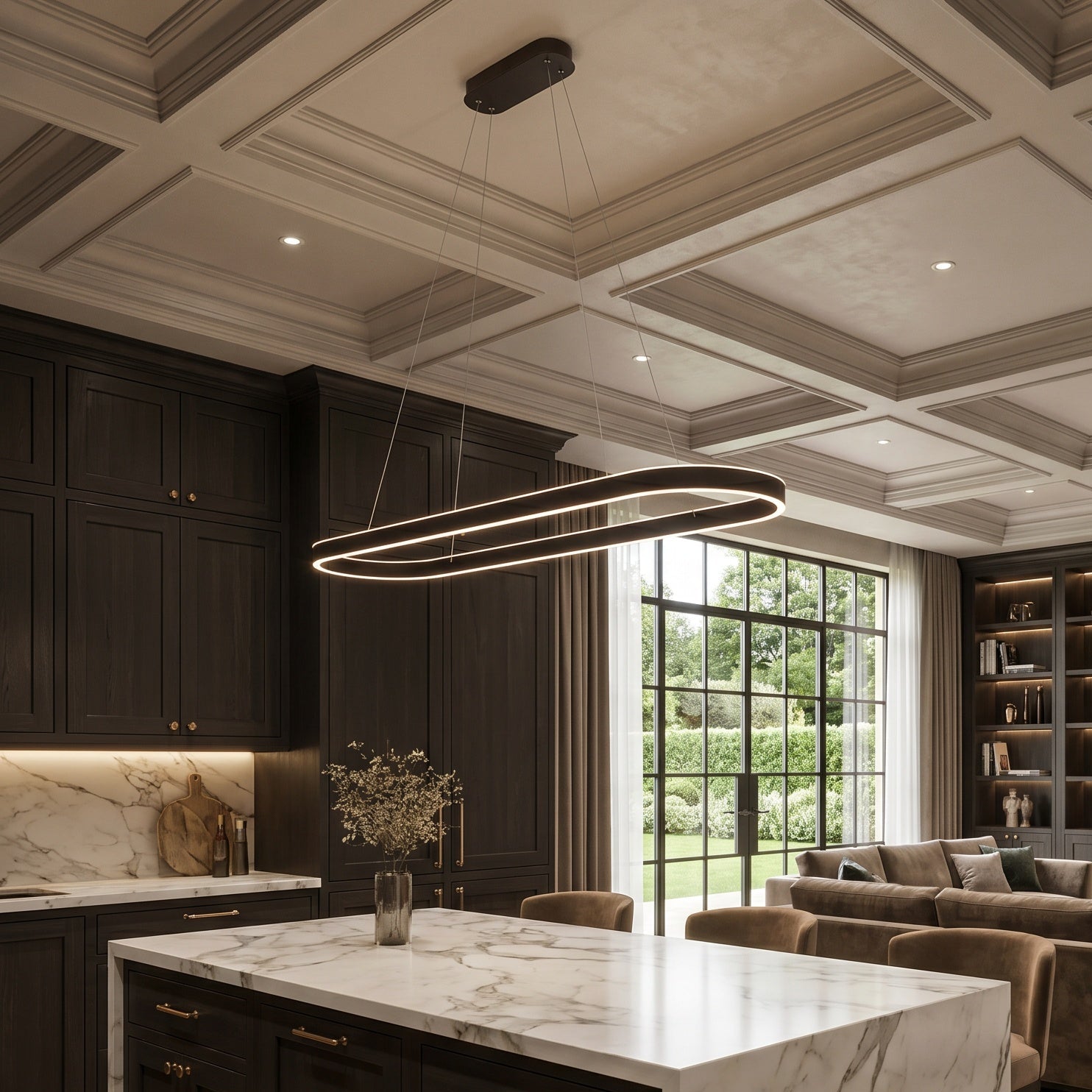 A luxury modern kitchen island with a white marble countertop and dark wood cabinetry, set in a spacious, elegant living room with a fireplace, bookshelves, and a large window.