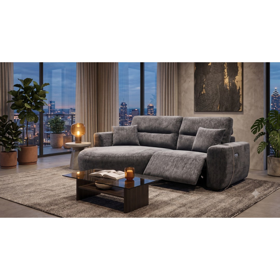 Black Lucca electric recliner sofa, left hand curved chaise, with power footrest raised