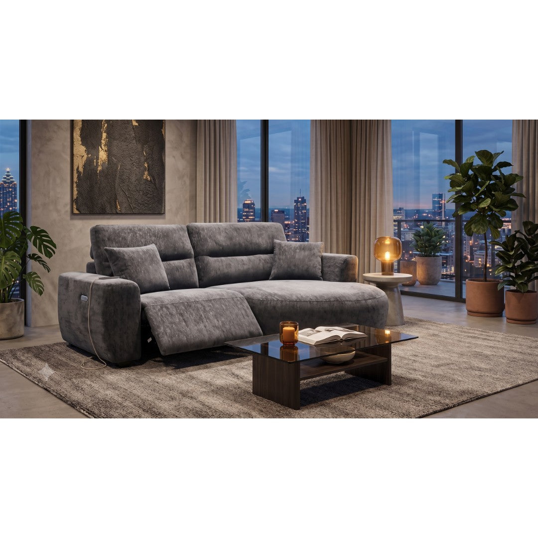 Black Lucca curved corner sofa, right hand chaise, with electric recliner seat extended
