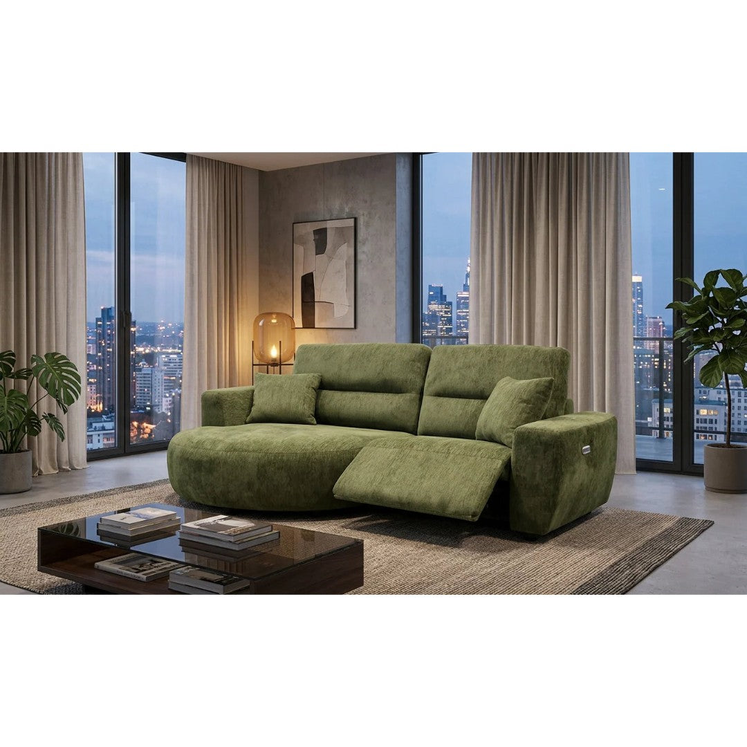 Green Lucca curved chaise sofa, left hand, with electric recliner seat extended in a city apartment