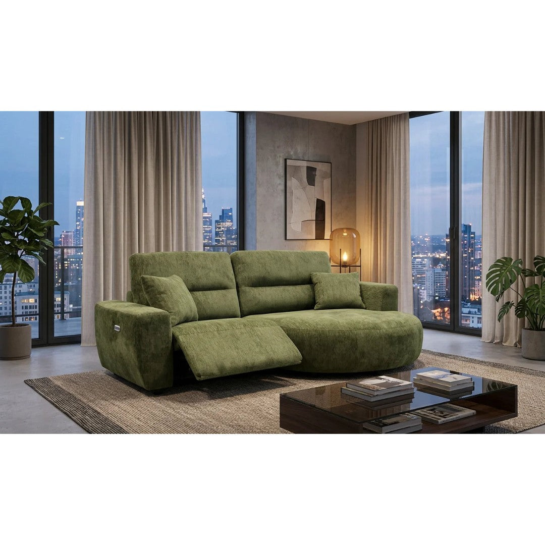 Green Lucca electric reclining corner sofa, right hand curved chaise, with scatter cushions