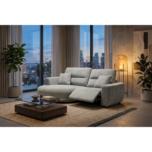 Lucca electric recliner corner sofa in grey, left hand curved chaise with power recliner seat extended