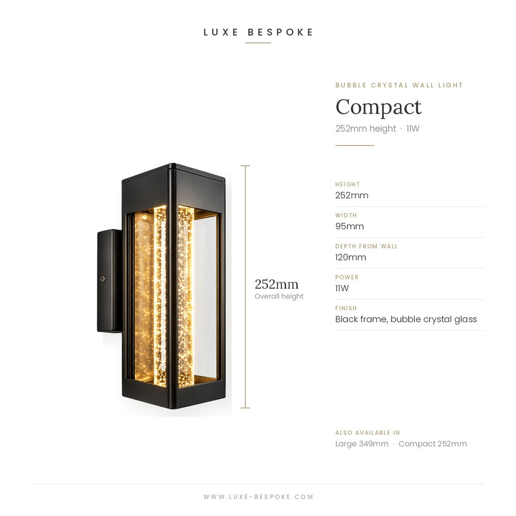 Lucerna crystal outdoor wall light 25cm size: 25.2cm high, 12cm wide, 9.5cm deep, 11W LED
