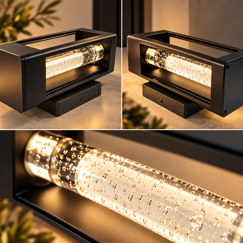 Detail views of the Lucerna black aluminium frame and illuminated crystal bubble glass column