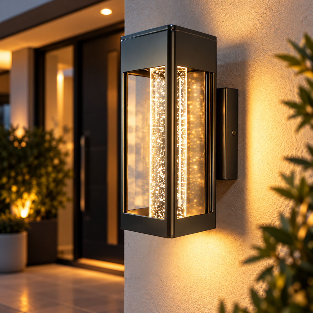 Close-up of the Lucerna outdoor wall lantern with sparkling crystal bubble glass lit at dusk