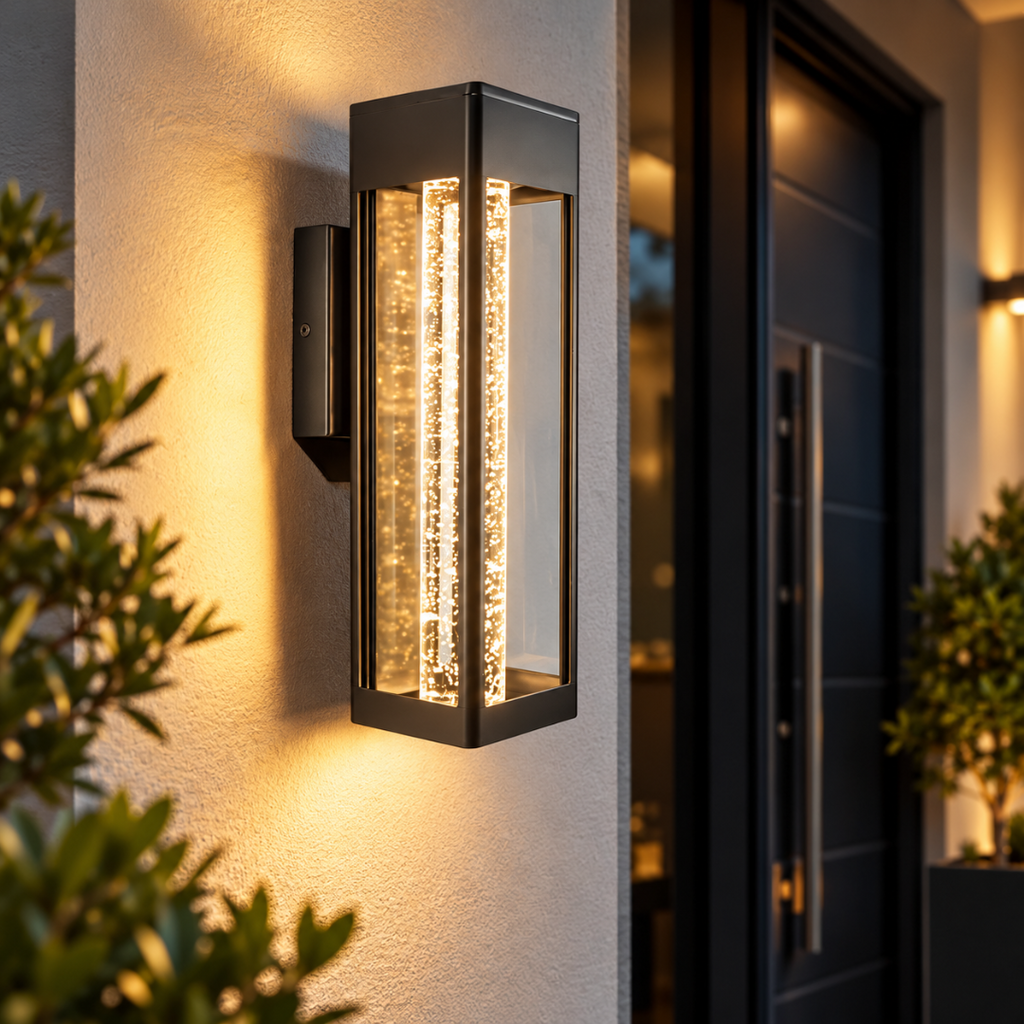 Lucerna IP65 crystal bubble glass wall light glowing warm white at a front door in the evening