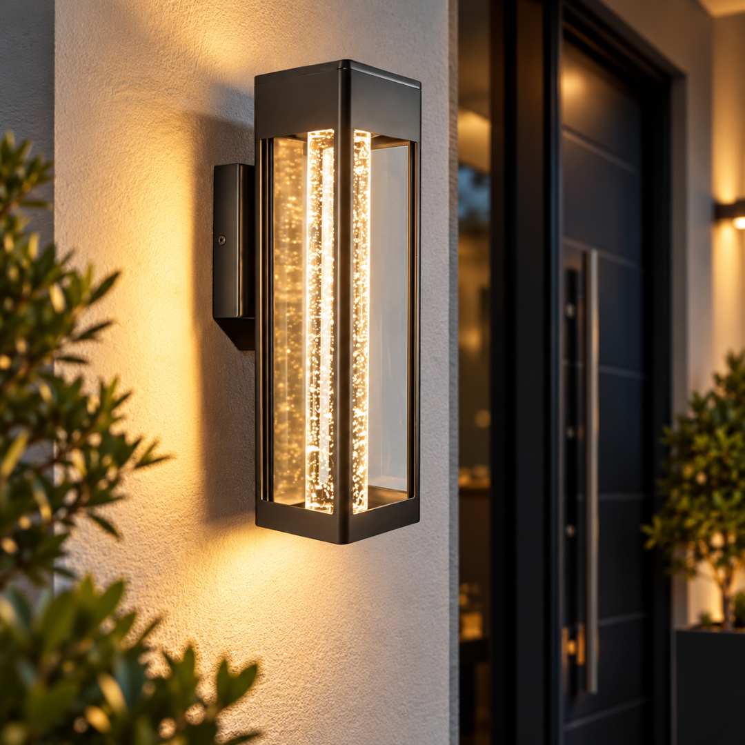 Lucerna IP65 crystal bubble glass wall light glowing warm white at a front door in the evening
