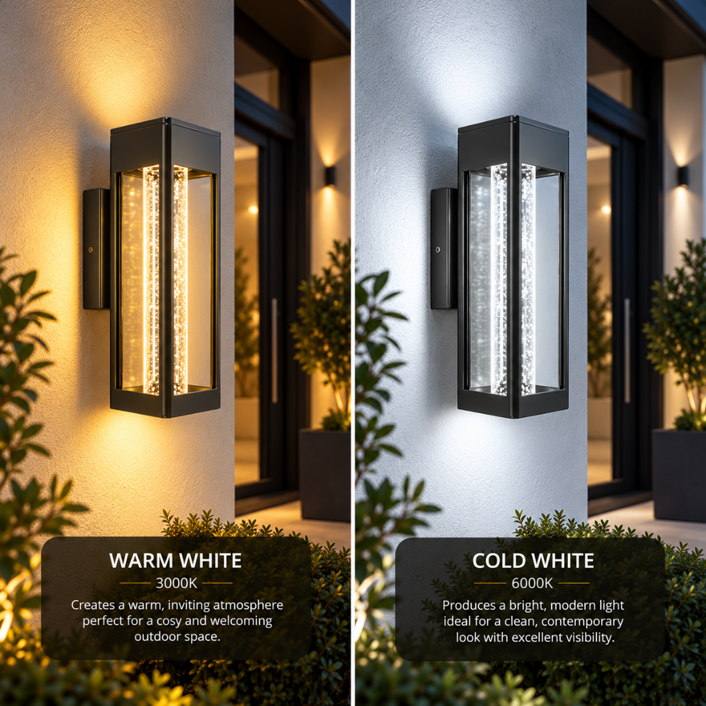 Lucerna outdoor wall light shown side by side in warm white 3000K and cool white 6000K