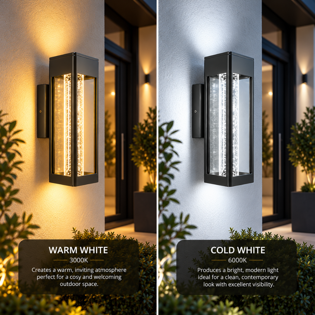 Lucerna outdoor wall light shown side by side in warm white 3000K and cool white 6000K