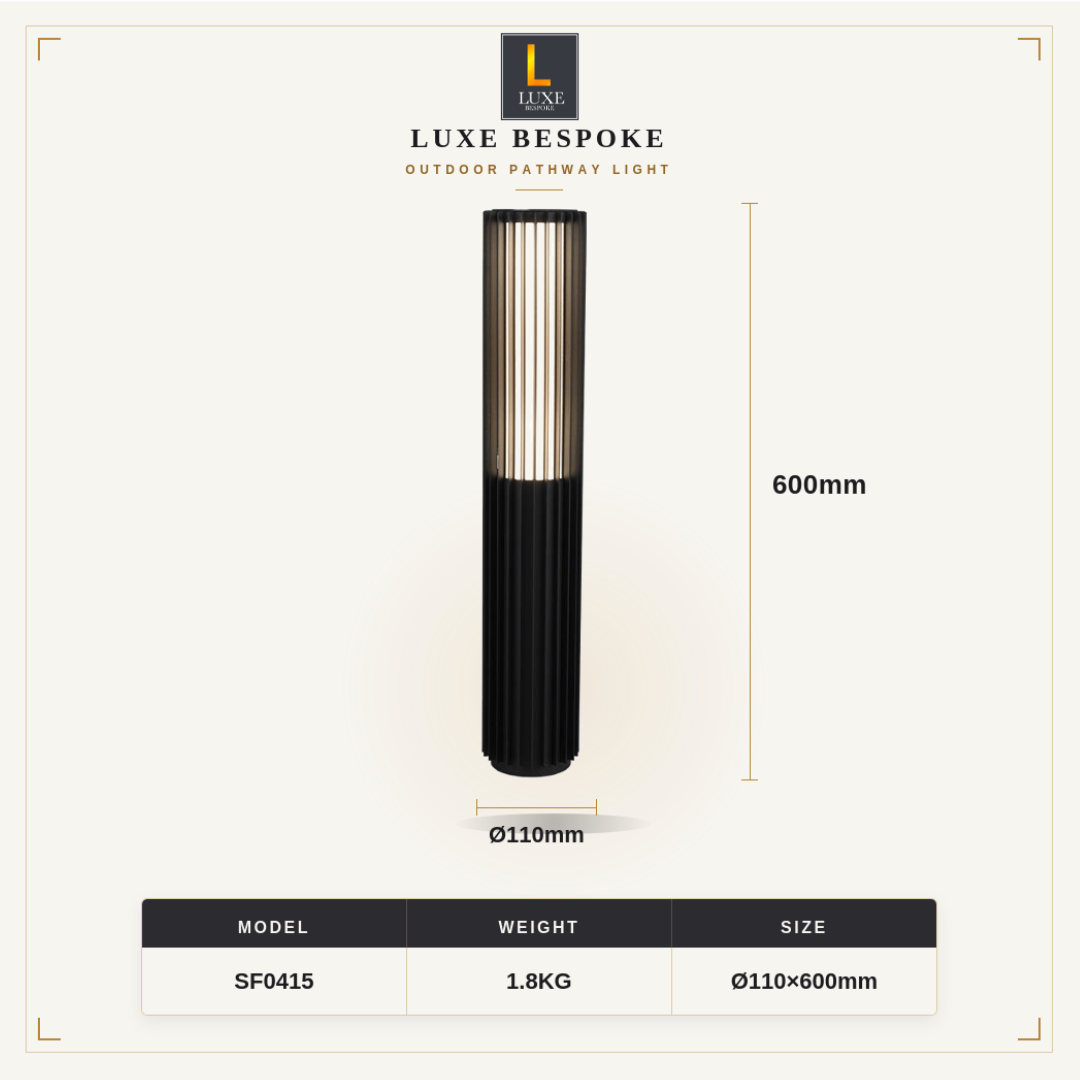 Lucevia outdoor bollard light dimensions diagram - 600mm height, 110mm diameter, 1.8kg, IP65 model SF0415 specifications