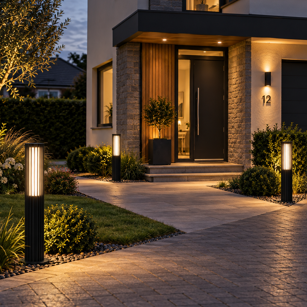 Lucevia black outdoor bollard lights lining a paved driveway and front entrance at dusk - IP65-rated pathway lighting for modern homes