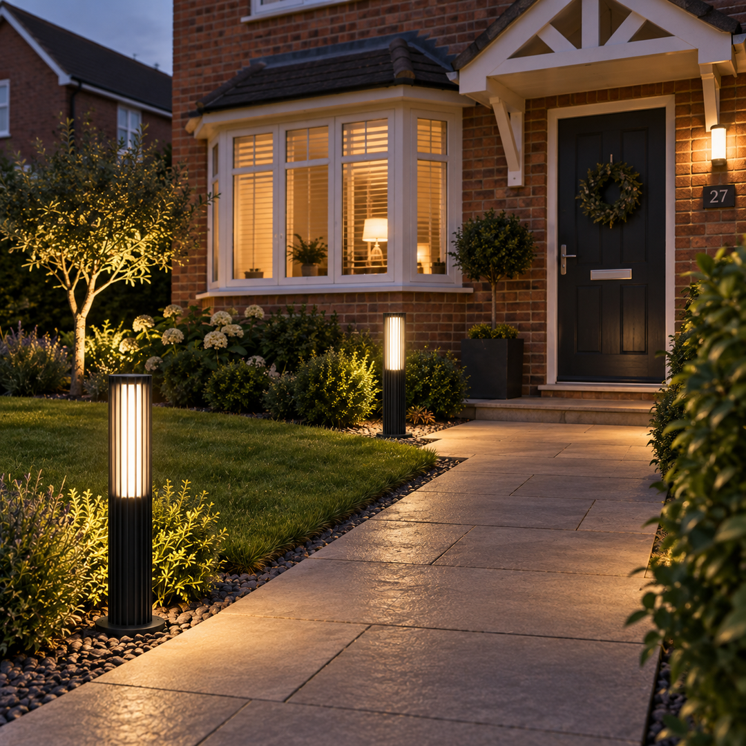 Lucevia black outdoor bollard lights illuminating a stone pathway to a brick home entrance - modern IP65 garden path lighting