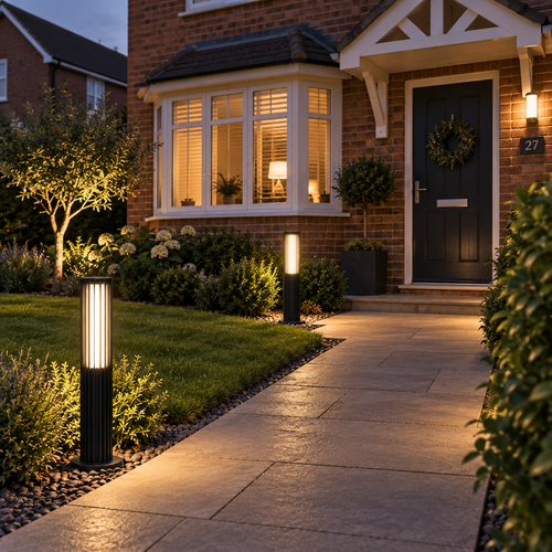 Lucevia black outdoor bollard lights illuminating a stone pathway to a brick home entrance - modern IP65 garden path lighting