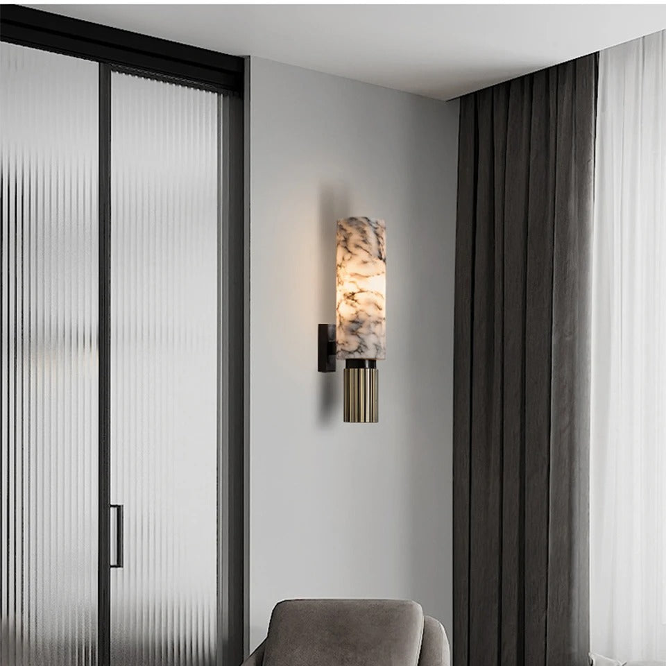 Marmora marble wall light in a modern room with fluted glass doors