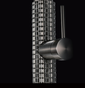 Close-up of The Marylebone Pull-Out Kitchen Mixer Tap in Brushed Grey showing knurled textured handle and lever