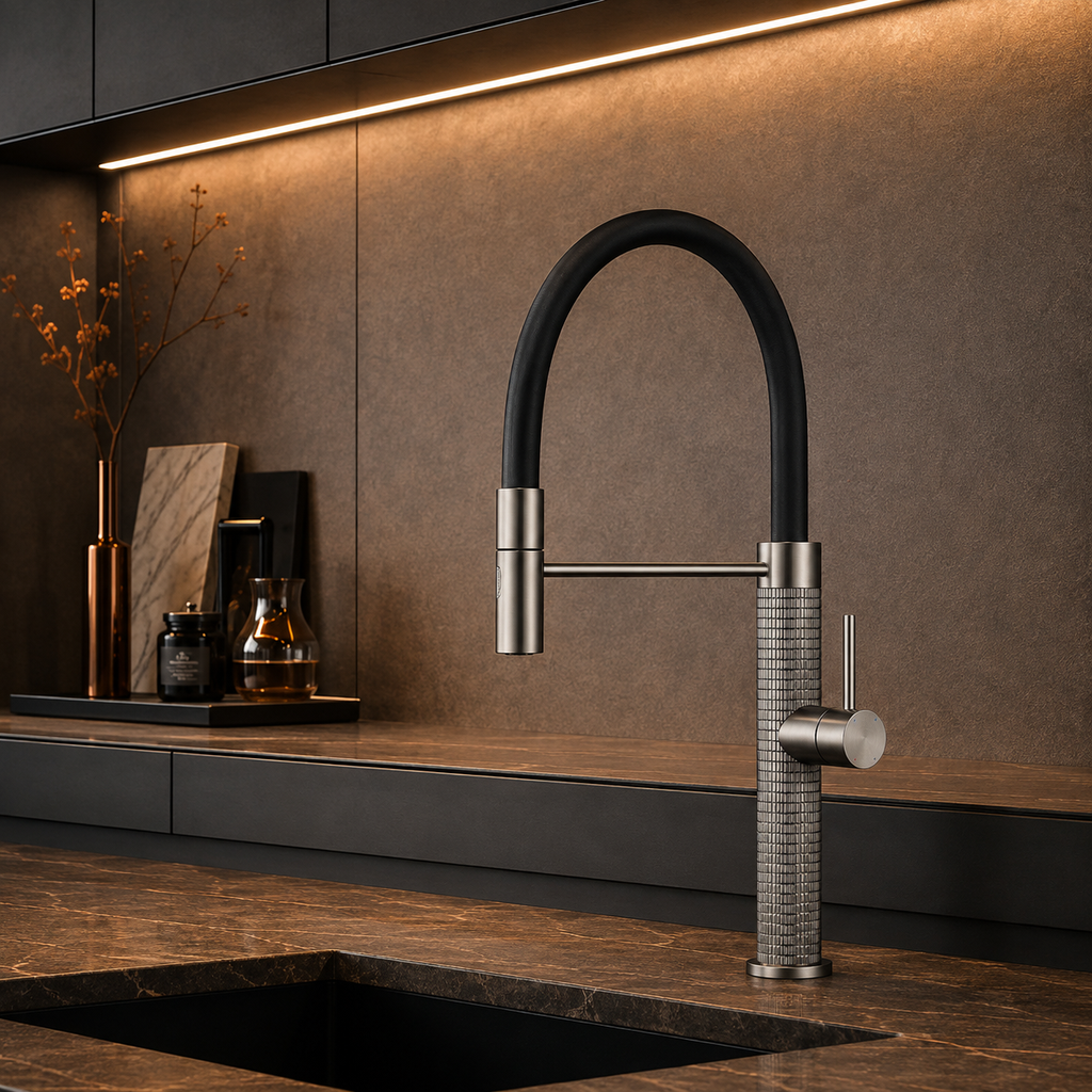 The Marylebone Pull-Out Kitchen Mixer Tap in Brushed Grey with textured knurled base, installed on a kitchen sink countertop