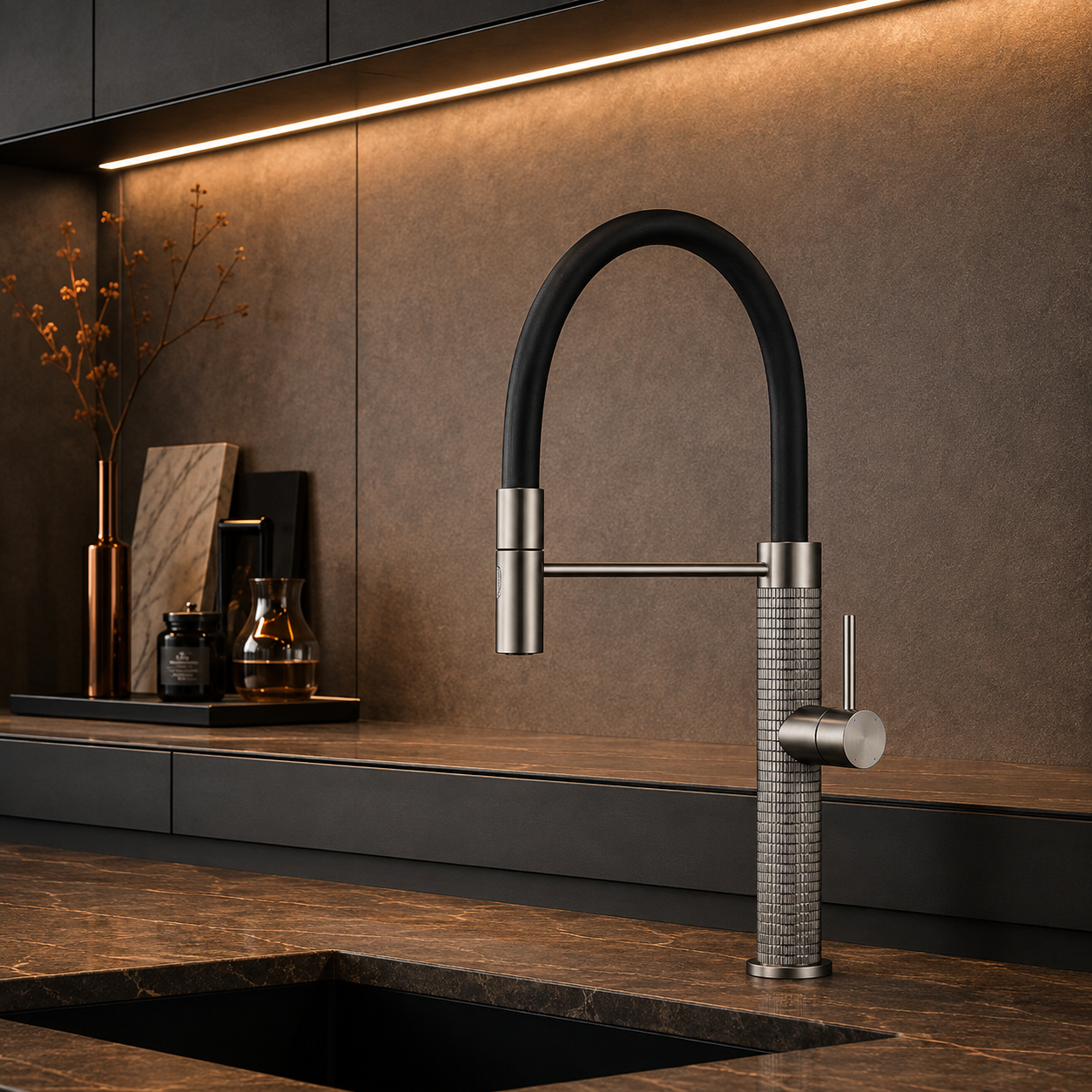 The Marylebone Pull-Out Kitchen Mixer Tap in Brushed Grey with textured knurled base, installed on a kitchen sink countertop