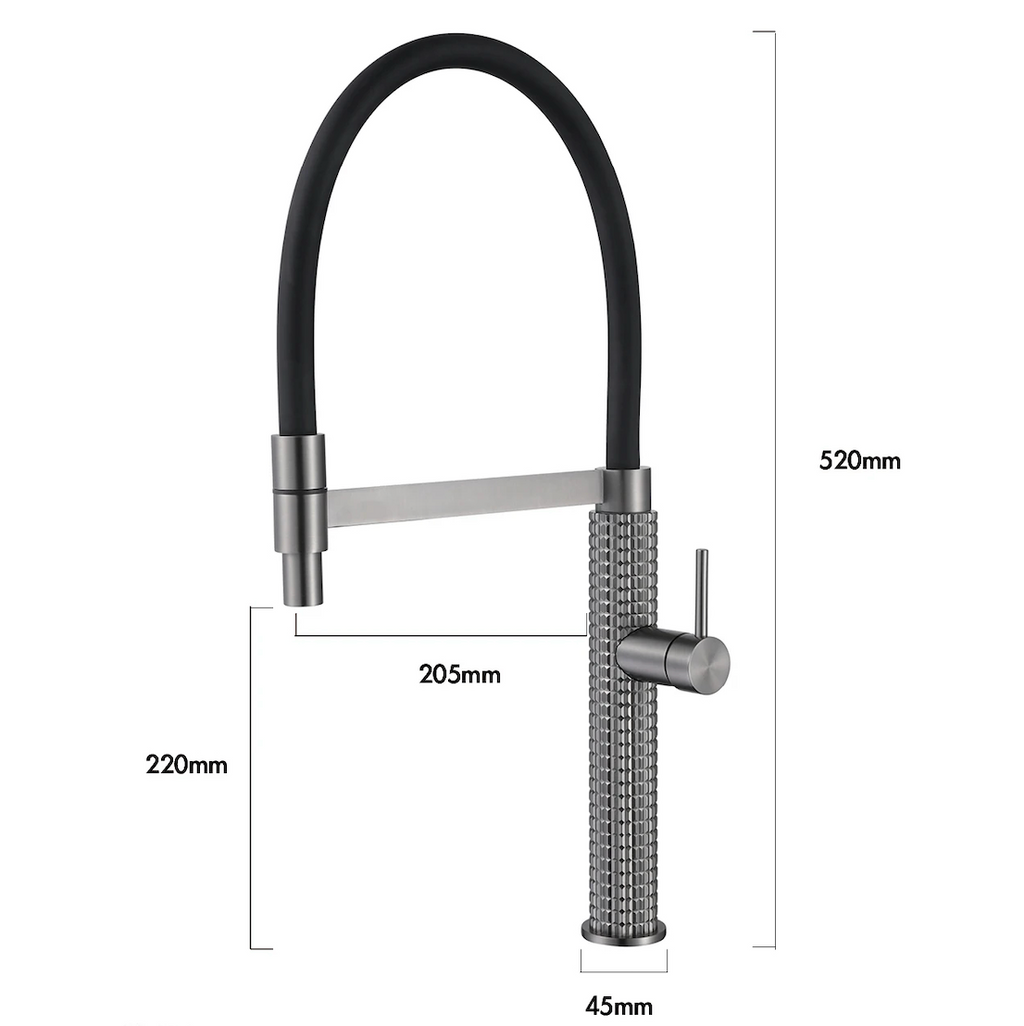 The Marylebone Pull-Out Kitchen Mixer Tap dimensions diagram showing height, reach and base width in millimeters
