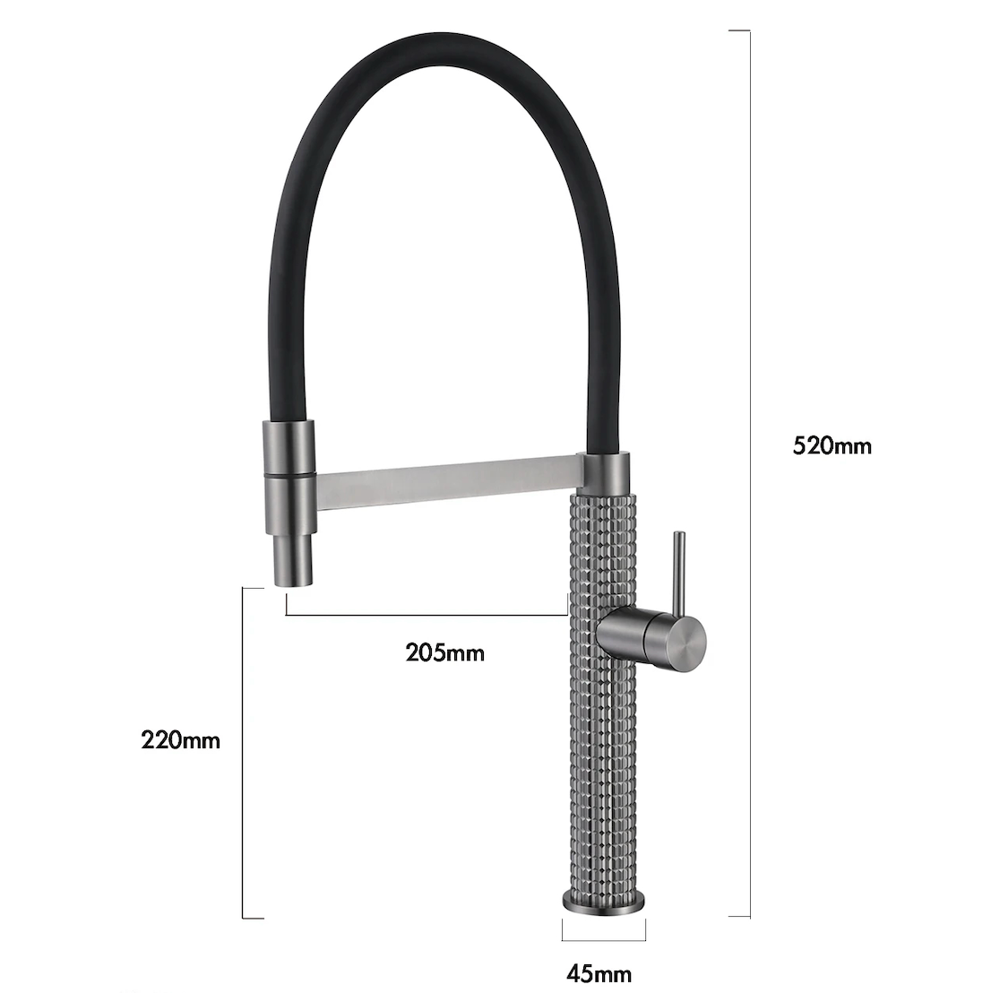 The Marylebone Pull-Out Kitchen Mixer Tap dimensions diagram showing height, reach and base width in millimeters