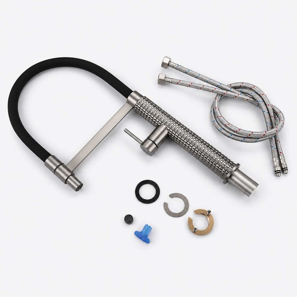 The Marylebone Pull-Out Kitchen Mixer Tap installation kit with braided supply hoses, mounting hardware and washers