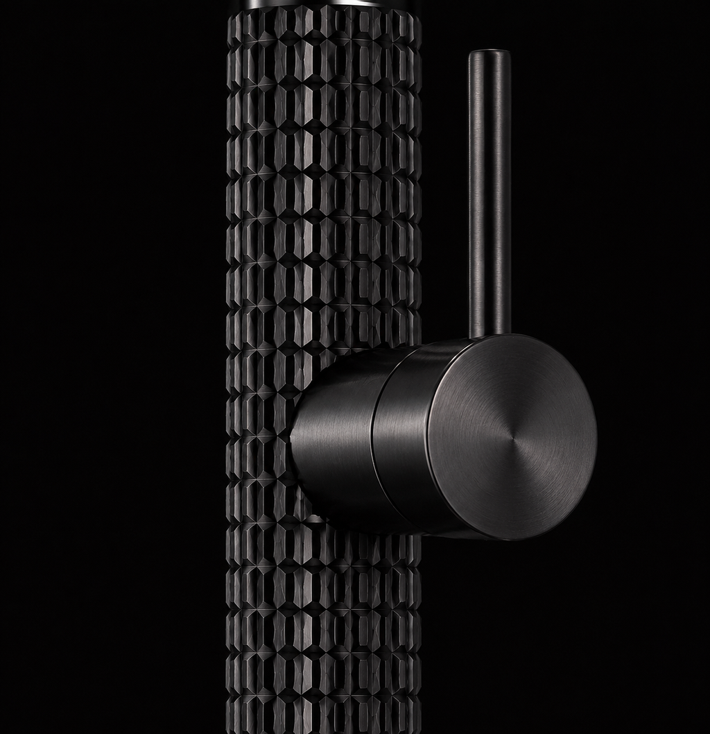 Close-up of The Marylebone Pull-Out Kitchen Mixer Tap in Matte Black showing knurled textured handle and lever