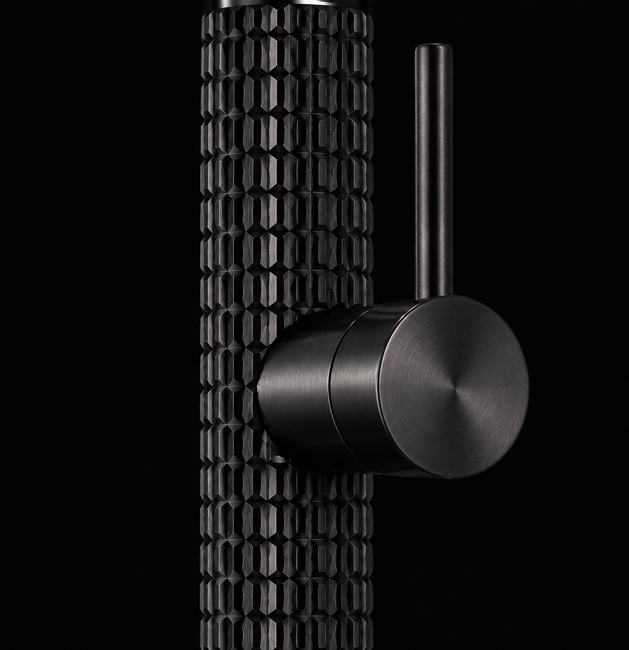 Close-up of The Marylebone Pull-Out Kitchen Mixer Tap in Matte Black showing knurled textured handle and lever