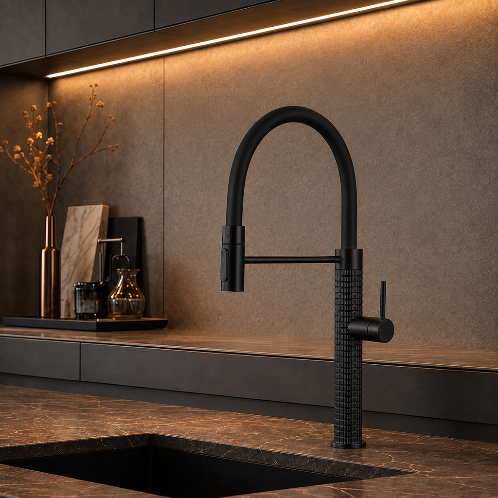The Marylebone Pull-Out Kitchen Mixer Tap in Matte Black with textured knurled base, installed on a kitchen sink countertop
