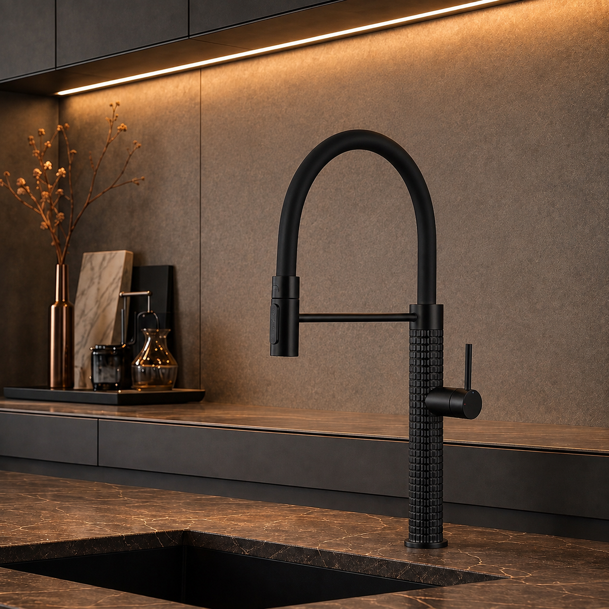The Marylebone Pull-Out Kitchen Mixer Tap in Matte Black with textured knurled base, installed on a kitchen sink countertop
