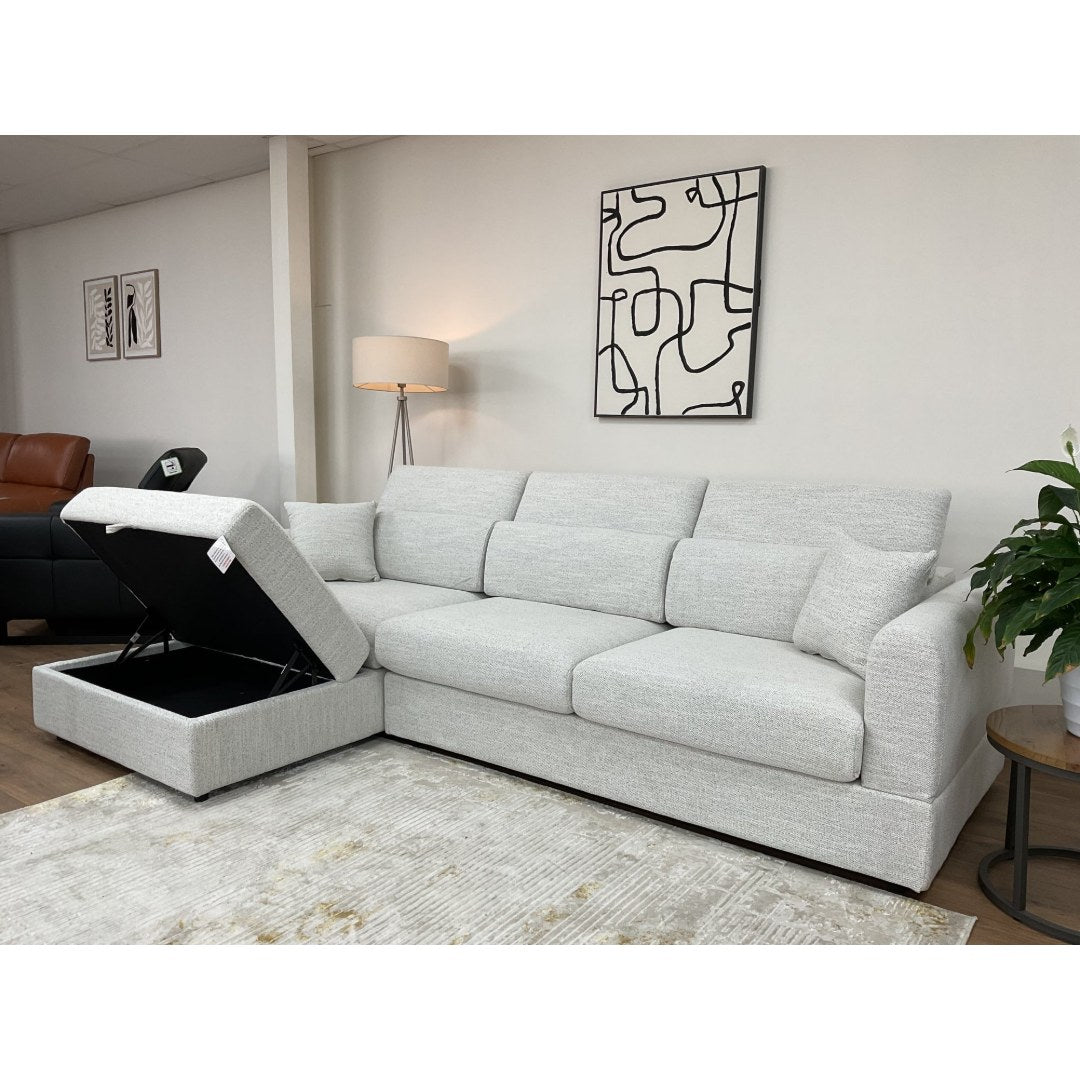 Beige Milano corner sofa with the chaise storage lid open