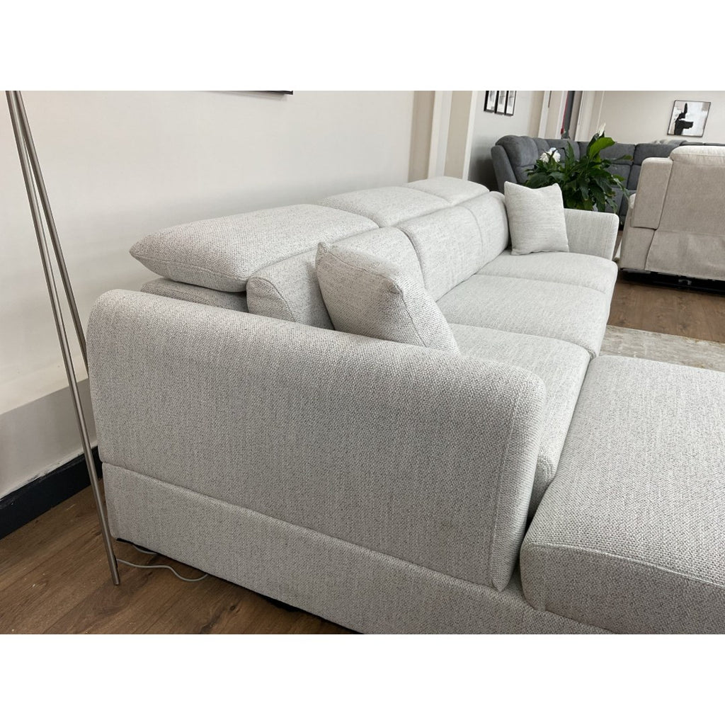 Close-up of the beige Milano sofa arm, seat and back cushions