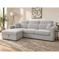Milano L-shape corner sofa in light grey textured weave fabric with storage chaise and adjustable headrests