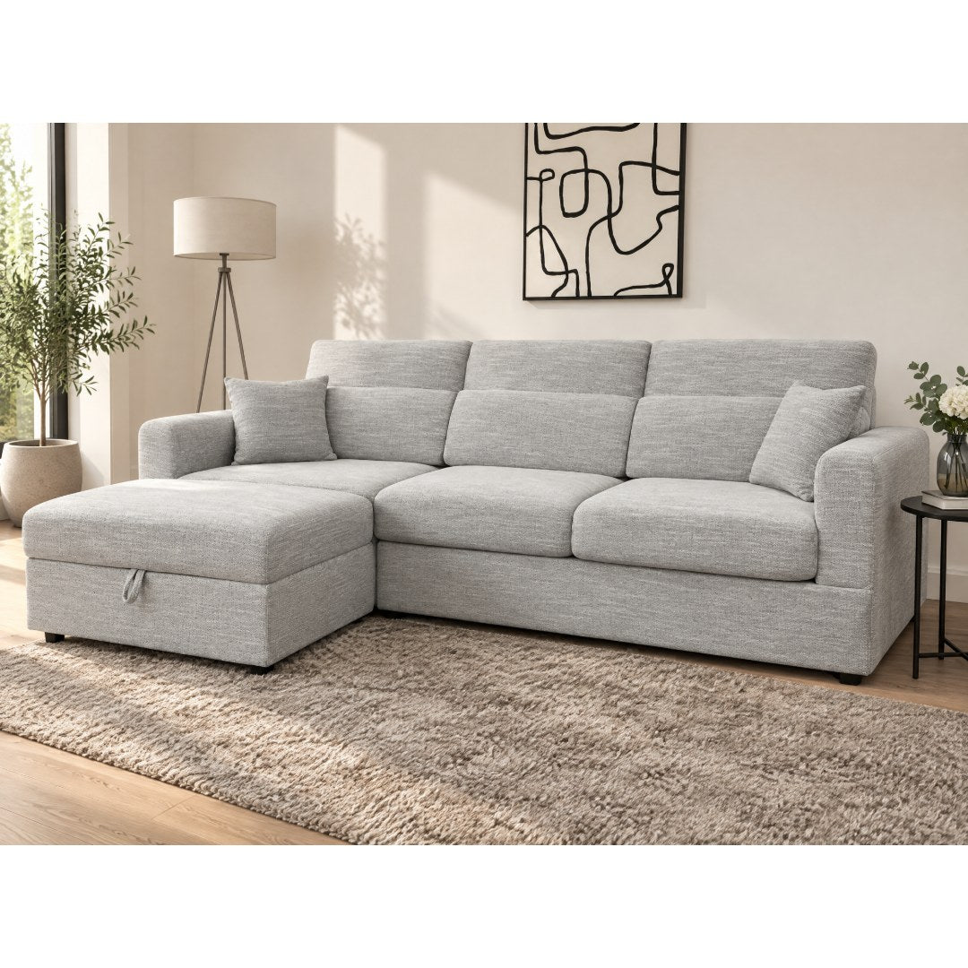 Milano L-shape corner sofa in light grey textured weave fabric with storage chaise and adjustable headrests