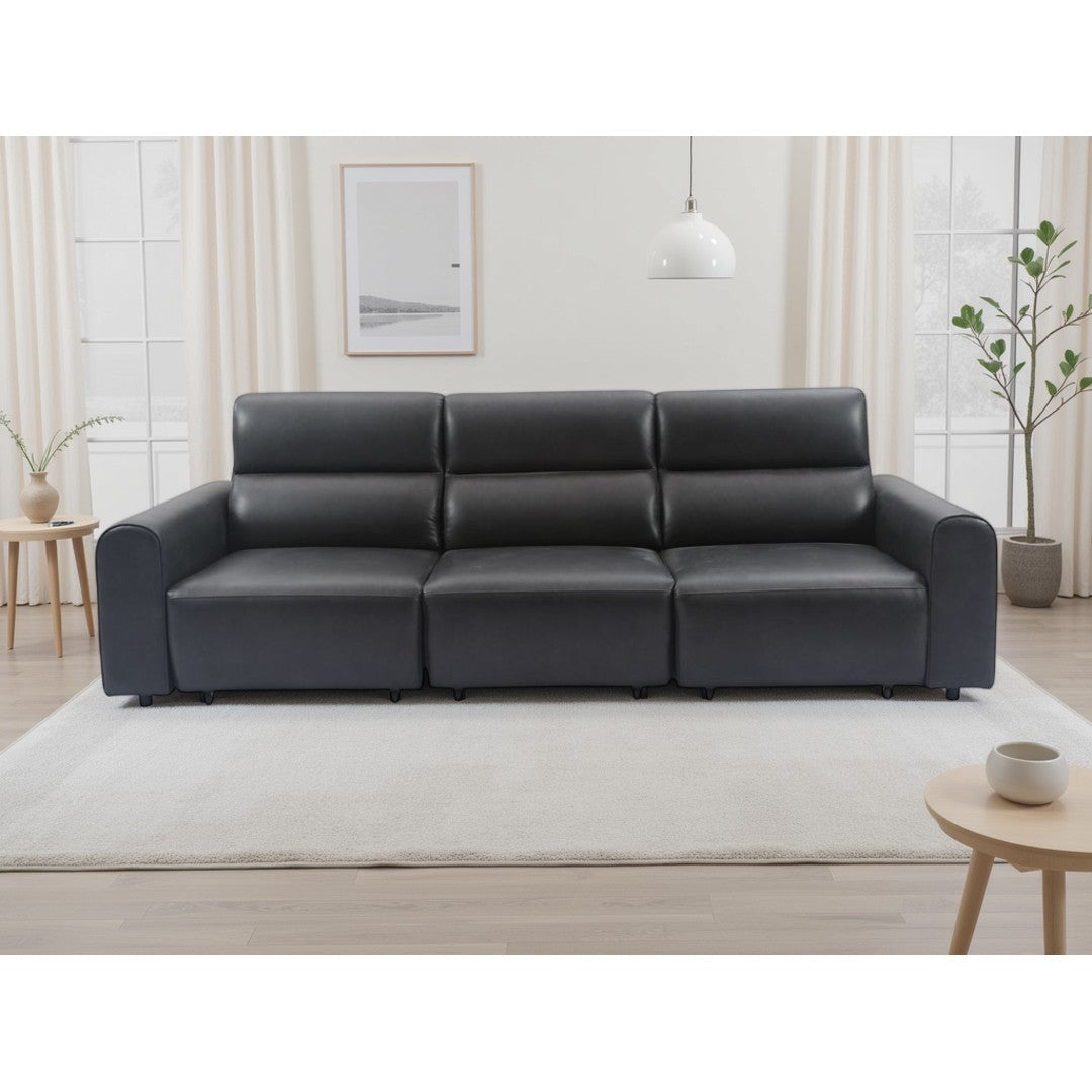 Front view of the black Modena 3 seater electric reclining sofa with padded headrests