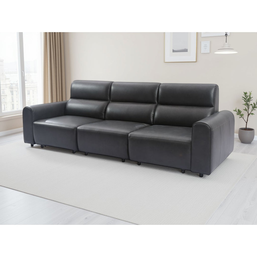Black Modena 3 seater power recliner sofa with rounded track arms, side angle