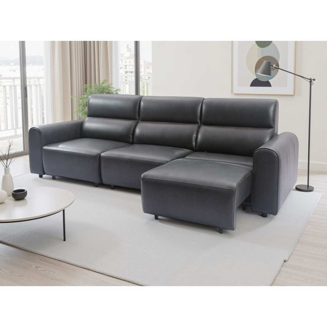 Black Modena electric reclining sofa with one seat extended for lounging