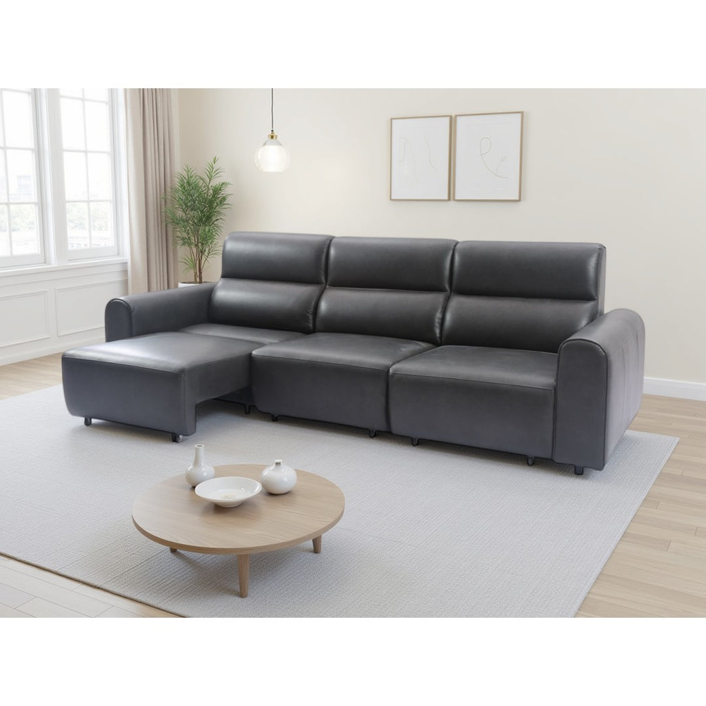 Black Modena power recliner sofa with the end seat extended as a footrest