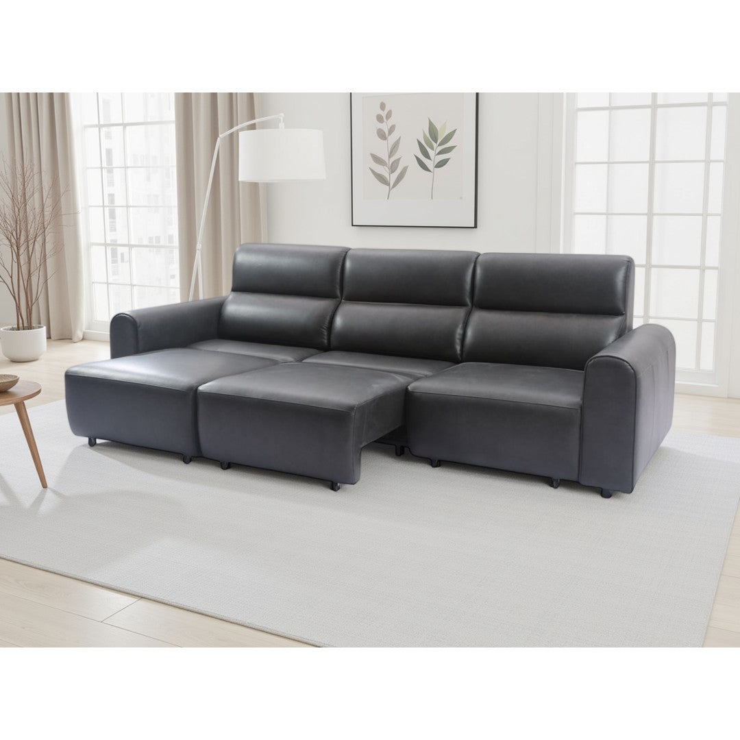 Black Modena electric sofa with two power sliding seats extended