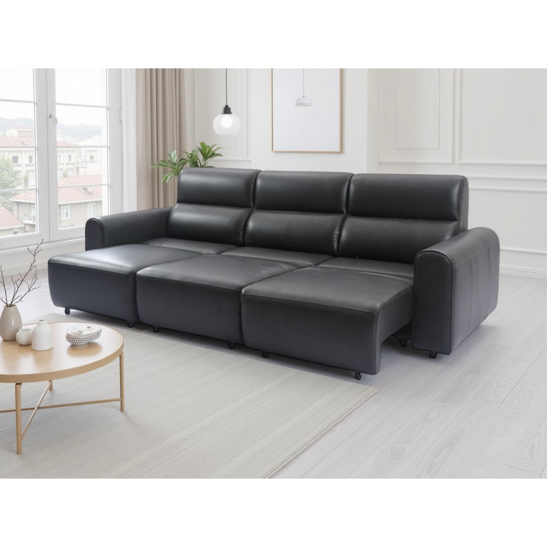 Black Modena electric reclining sofa with all three seats fully extended