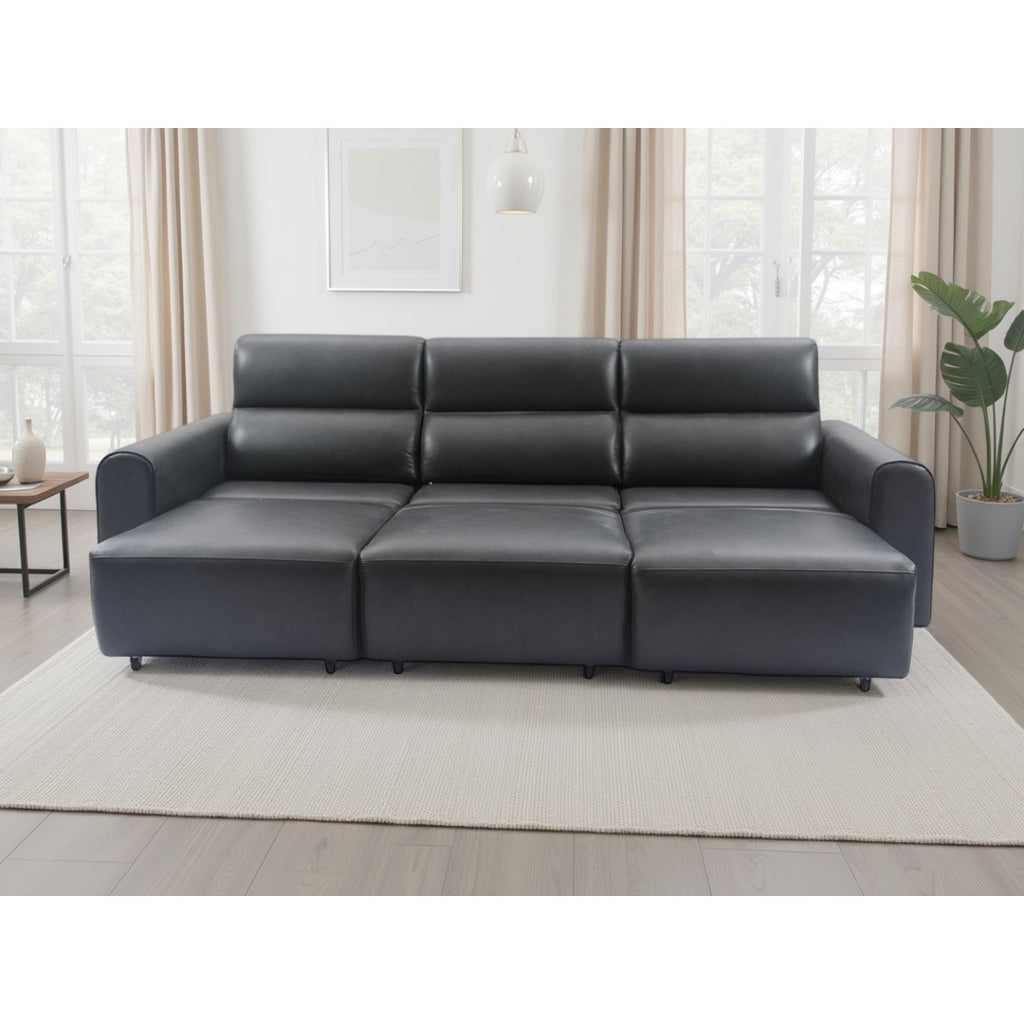Front view of the black Modena electric sofa with all three power seats extended