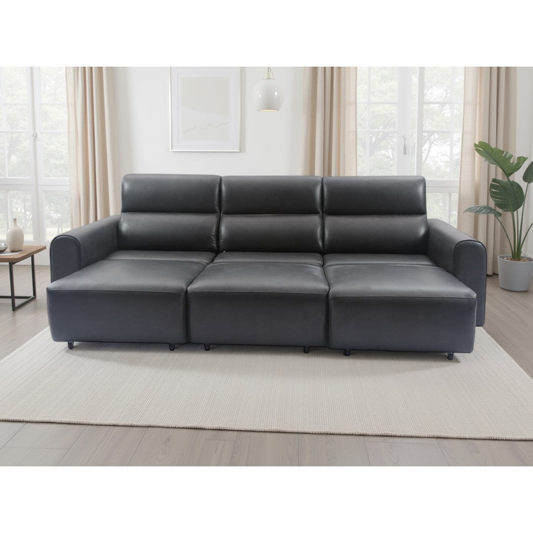 Front view of the black Modena electric sofa with all three power seats extended