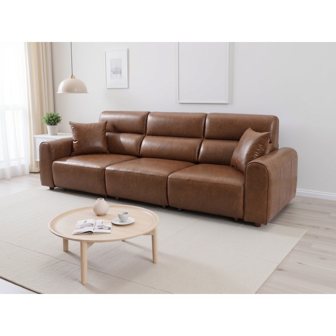 Modena 3 seater electric reclining sofa in tan brown leather-look fabric in a modern living room