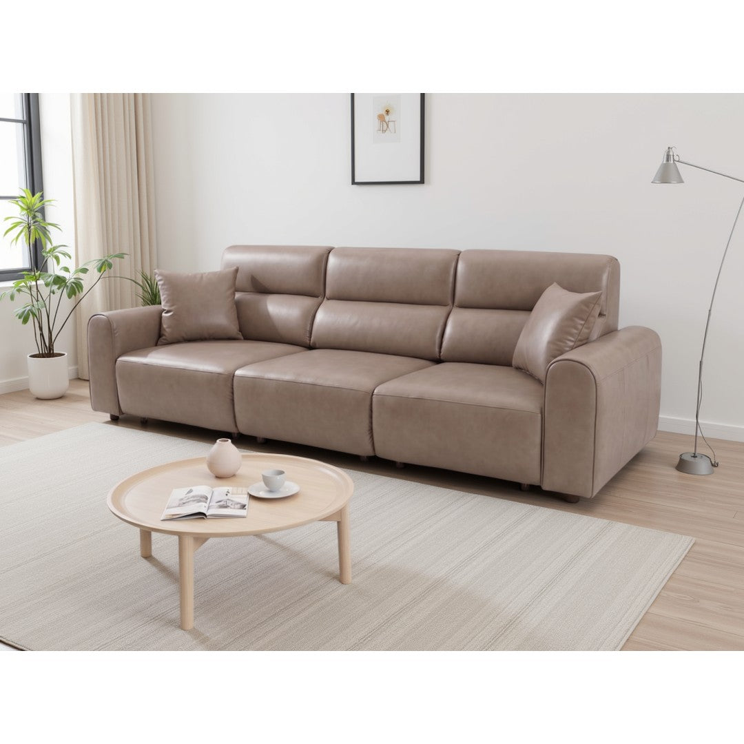 Modena 3 seater electric reclining sofa in coffee leather-look fabric with scatter cushions