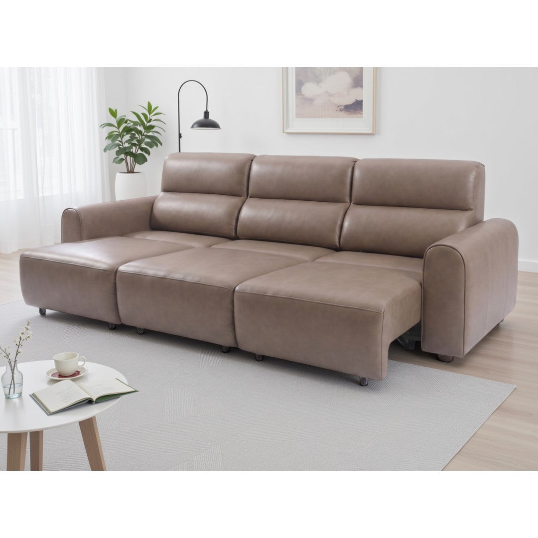 Coffee Modena electric recliner sofa with all three power seats extended