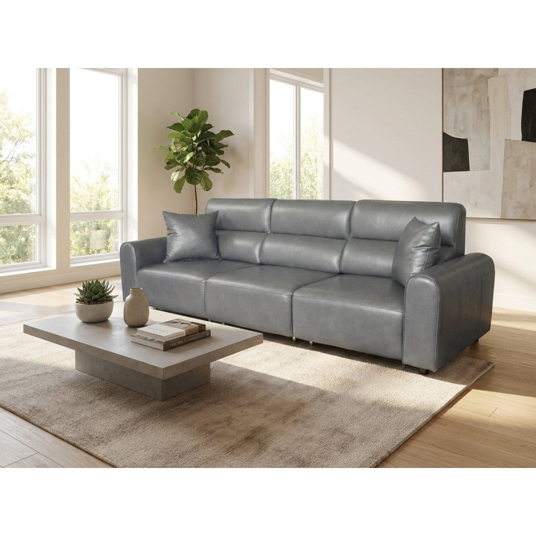 Modena 3 seater electric reclining sofa in grey leather-look fabric, styled in a bright living room